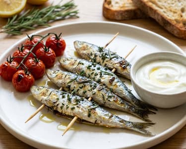 Grilled Sardine Skewers with Lemon Dip