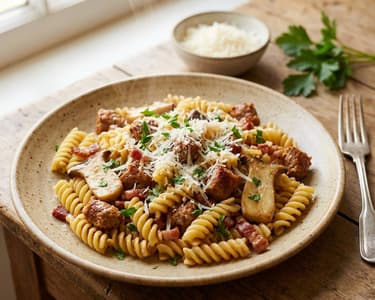 Basilicata fusilli kolbásszal és gombával