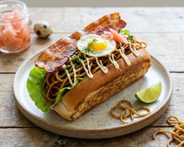Ázsiai stílusú hot dog pirított tésztával és ropogós szalonnával