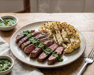 Steak with chimichurri sauce and roasted cauliflower