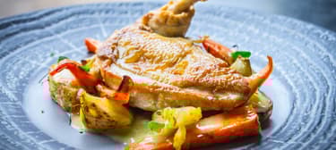 Bőrén sült csirkemell supreme, őszi “főzelékkel”