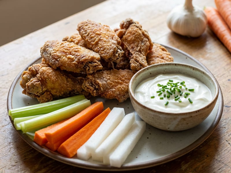 Roasted chicken wings with raw vegetables and sour cream