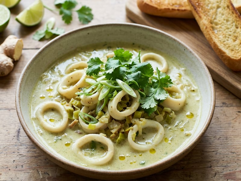 Thai coconut milk squid, on baguette, with fresh herbs