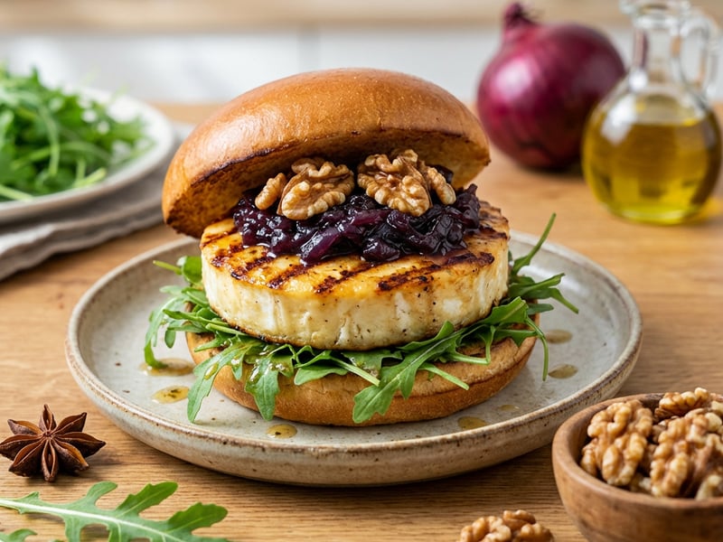 Grilled Goat Cheese Burger with Onion Jam and Toasted Walnuts