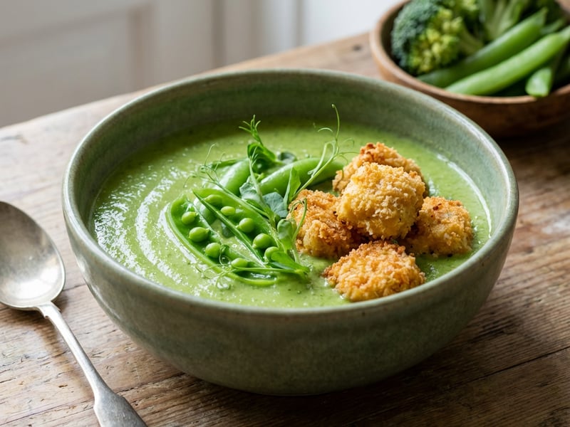 Broccoli Cream Soup with Sugar Snap Peas and Chicken Pieces Fried in Homemade Breadcrumbs