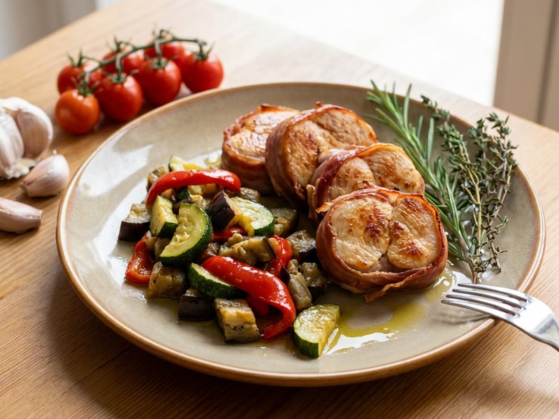 Turkey breast wrapped in Parma ham, with Provençal vegetables