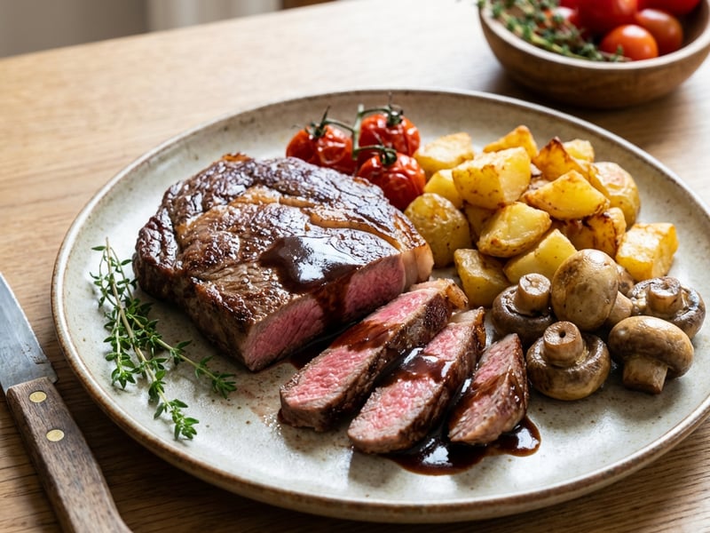 Brazilian rib eye steak with mushrooms, tomatoes, potatoes roasted in goose fat, and gravy