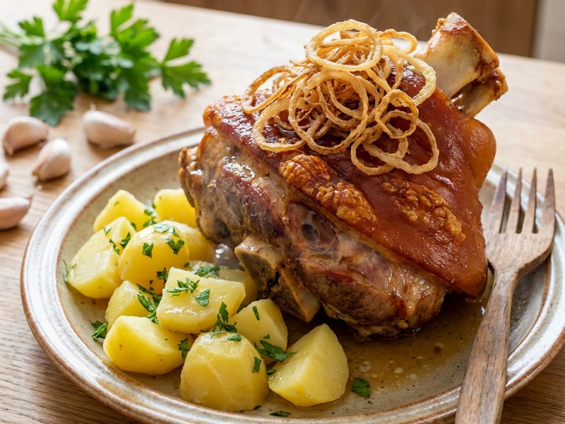 Ropogósra sütött sous vide csülök, “pékné” körettel