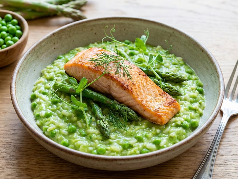 Green pea risotto with salmon and asparagus