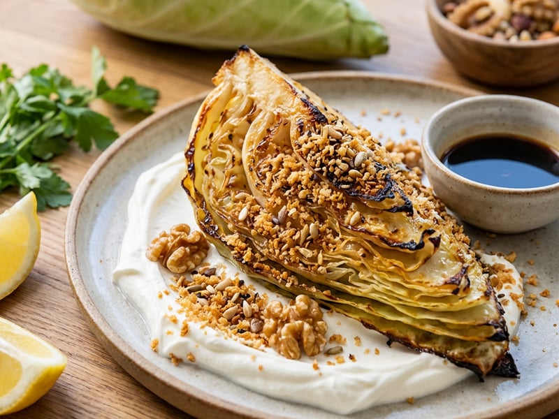 Whole Roasted Cabbage with Homemade Labneh and Crispy Crumbs