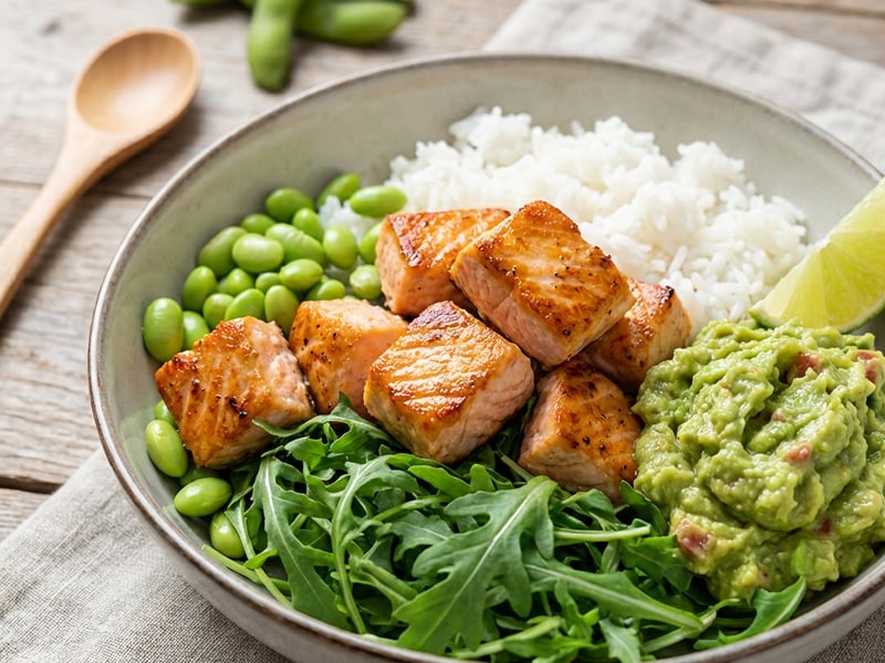 Roston sült lazac rukkolával, rizzsel, edamame babbal és Guau! Guacamole-val