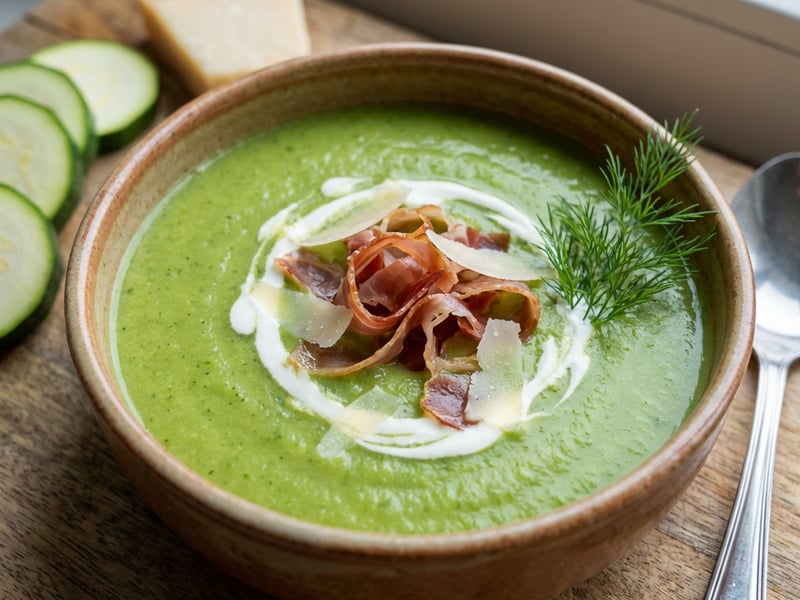 Zucchini soup with ham, Parmesan