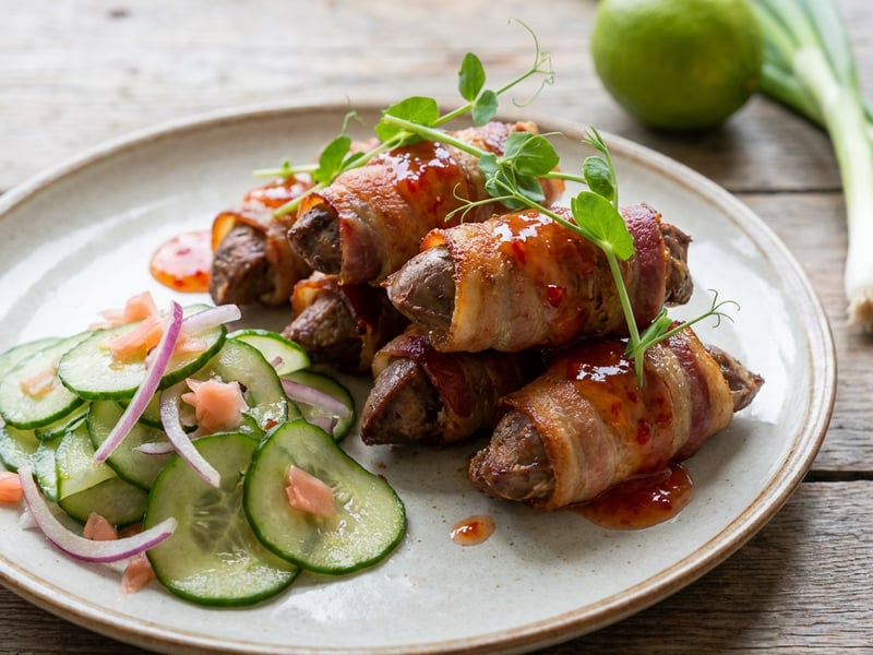 Bacon-be göngyölt csirkemáj, édes chilivel, marinált uborkával
