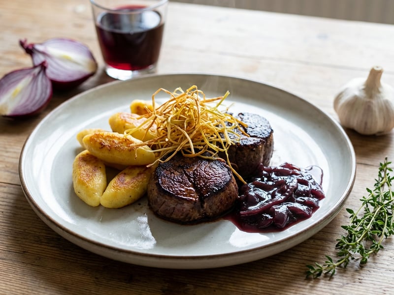 Venison loin, dödölle, red wine red onion, leek chips