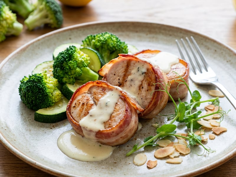 Baconbe göngyölt pulykamell filé grillen, vajas zöldségekkel