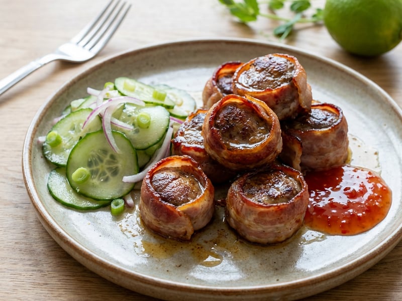 Bacon-be göngyölt csirkemáj, édes chilivel, marinált uborkával