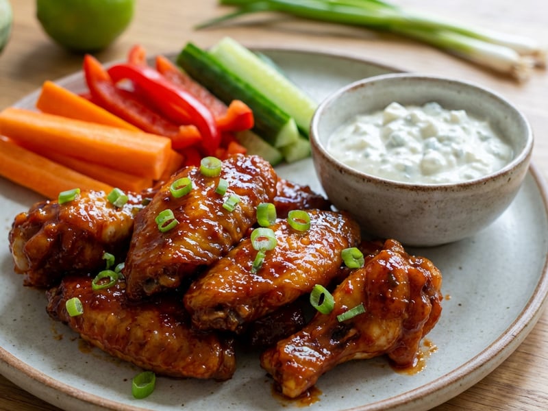 Chilis csirkeszárnyak kéksajtos majonézzel, zöldségekkel