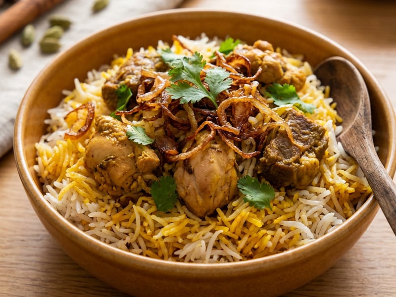 Layered Hyderabadi Chicken and Lamb Biryani