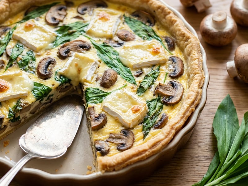 Medvehagymás, gombás és brie sajtos quiche