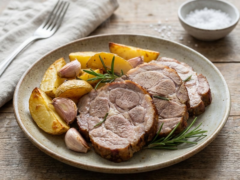 Roasted pork neck with potatoes, garlic, and rosemary