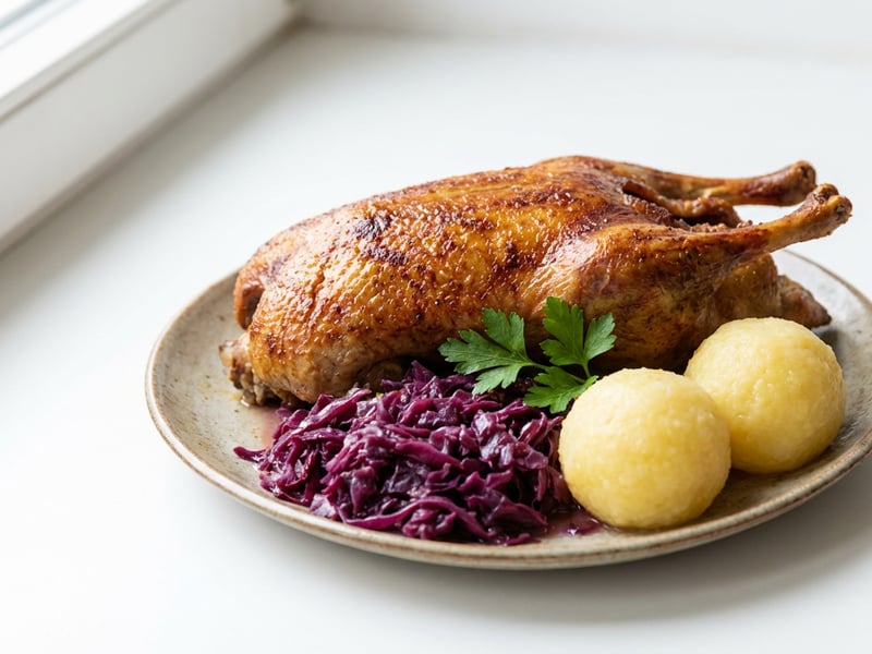 Ropogós sült kacsa párolt lilakáposztával és burgonyagombóccal