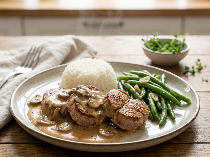 Sertés szűzpecsenye krémes gombamártással és zöldbabbal