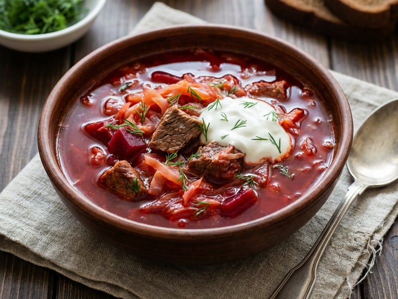 Traditional Borscht Soup with Beef and Beetroot