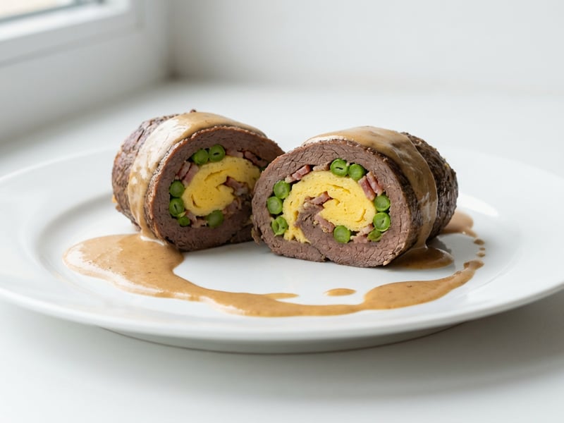 Töltött marhahús rolád tojásos omlettel és szalonnával