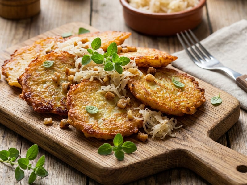 Potato Pancakes with Sauerkraut and Pork Cracklings