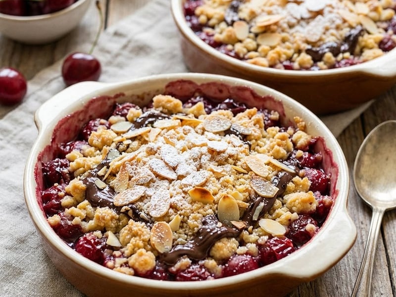 Cherry crumble with dark chocolate and almonds