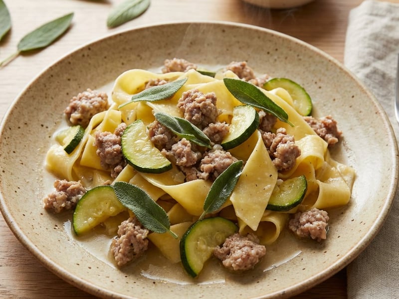 Pappardelle friss kolbásszal, cukkinivel és zsályával