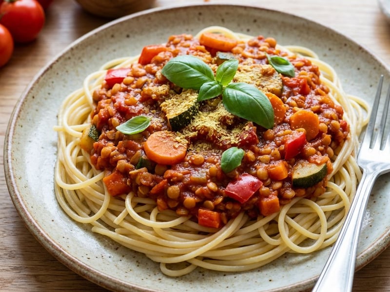 Vegán bolognai spagetti vöröslencsével