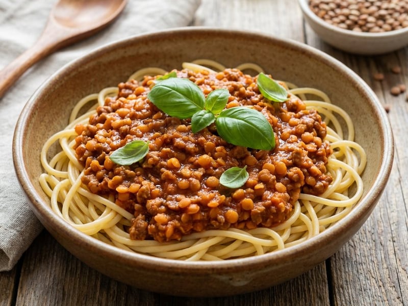 Vegán bolognai mártás vöröslencsével