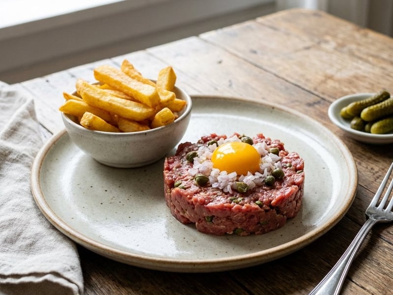 Belga tatár beefsteak házi hasábburgonyával