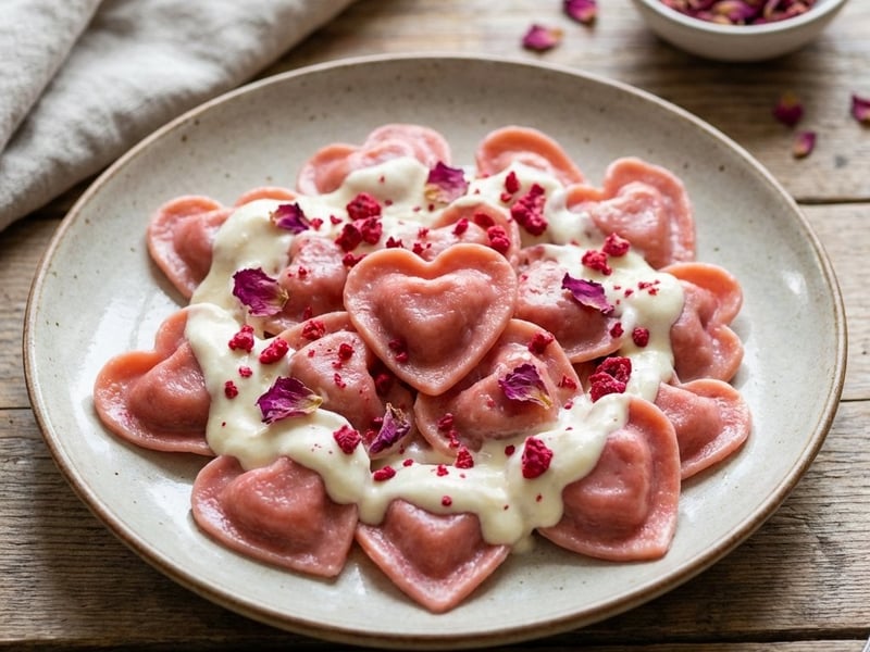 Sweet pasta hearts with mascarpone and rose