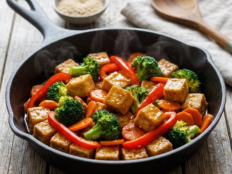Zöldséges tofu egy serpenyőben