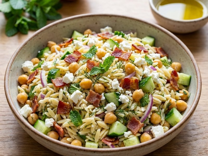 Görög orzo saláta ropogós baconnel