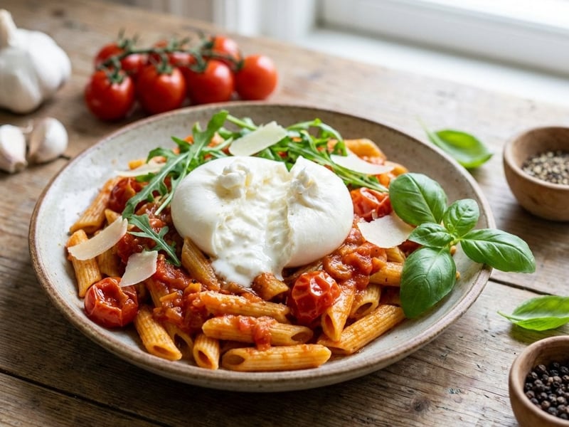 Friss penne pomodoro burratával