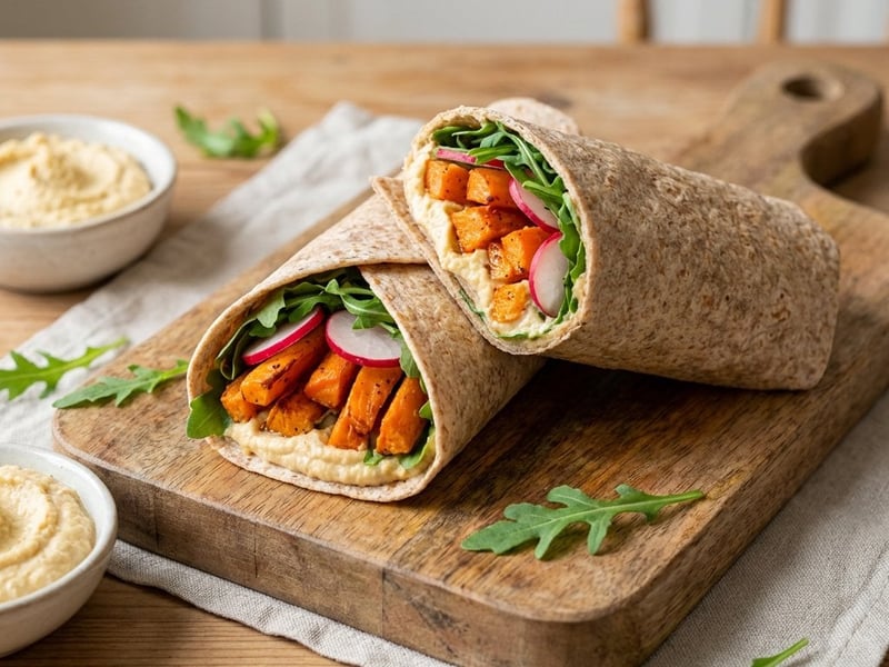 Teljes kiőrlésű wrap sült sárgarépával és hummusszal