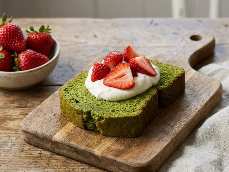 Matcha kenyér sütemény mascarponéval és eperrel
