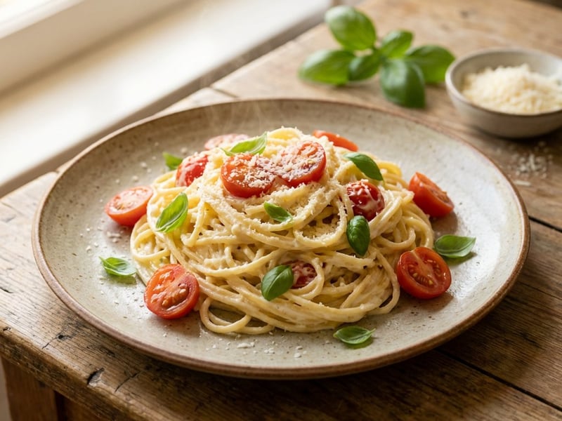 Krémes mascarponés spagetti sült koktélparadicsommal