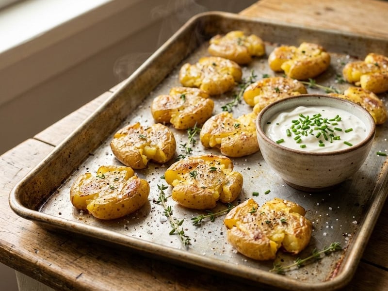 Smashed Roasted Potatoes | Crispy Side Dish with Chive Dip