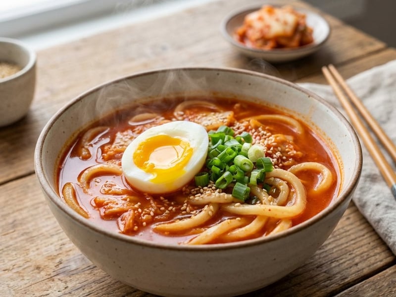 Pikáns kimchi leves udon tésztával és tojással