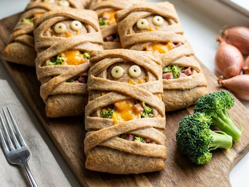 Mummy pockets with broccoli, ham, and cheese