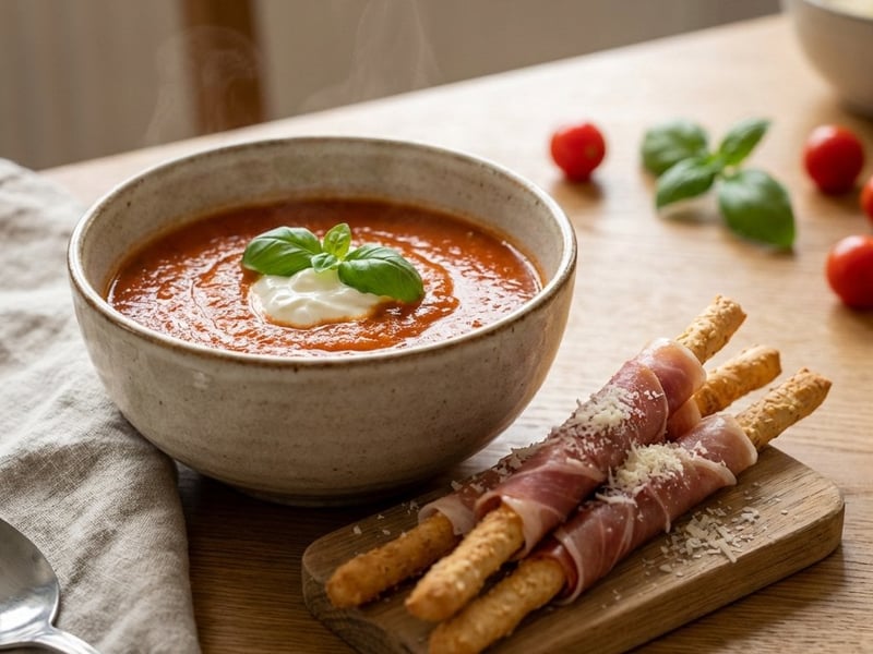 Sült paradicsomleves parmezános-prosciuttós grissinivel