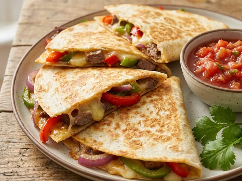 Steak quesadilla pikáns szósszal és zöldfűszerekkel