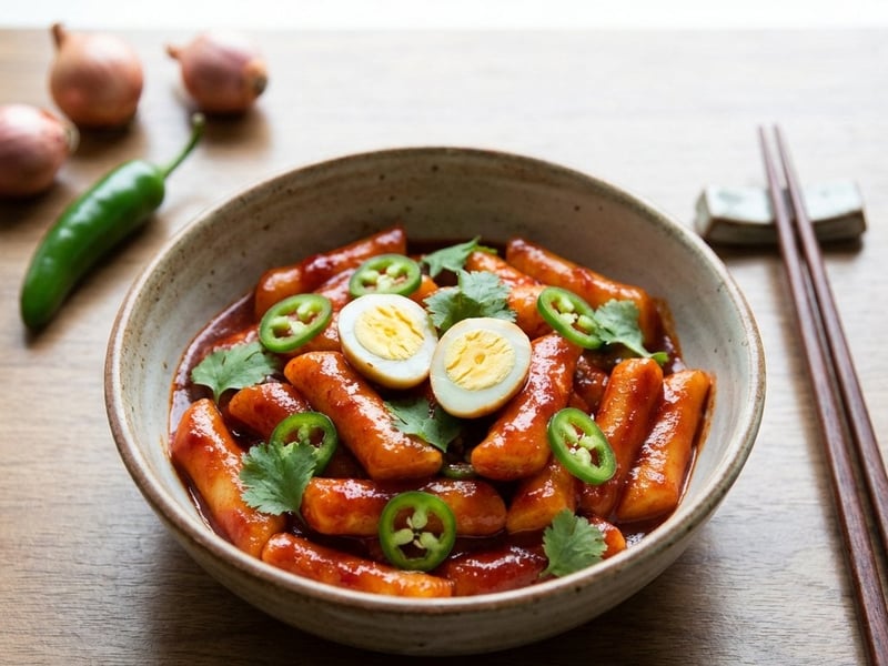 Pikáns tteokbokki fürjtojással, salottahagymával és jalapeñóval