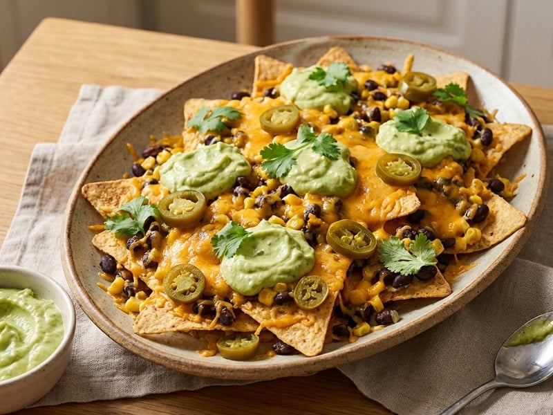 Sült nachos tál avokádó dippel és babbal