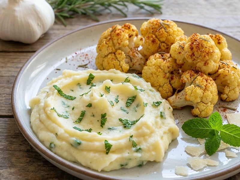 Garlic mashed potatoes with mint and roasted cauliflower