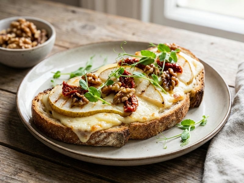 Raclette cheese toast with grilled pear and sun-dried tomatoes